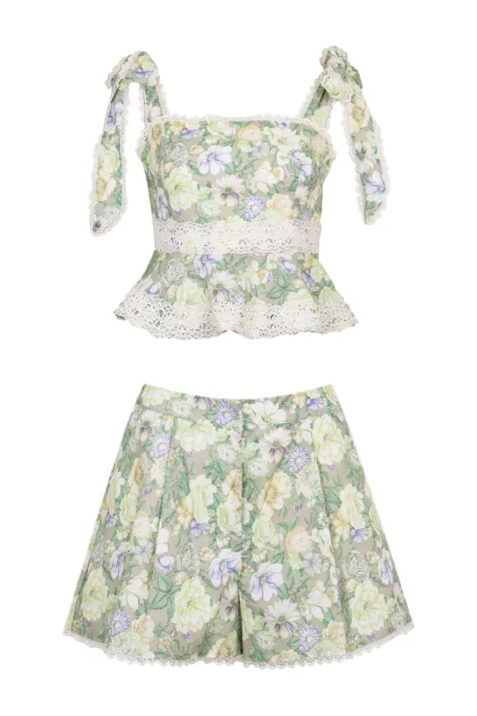 Linen Printed Shoulder Top and Shorts Set Sage sold by Sand Dollar