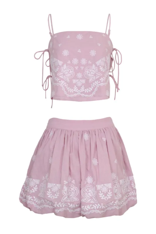 Neritha Embroidered Crop Top and Balloon Skirt Set Mauve made by MABLE