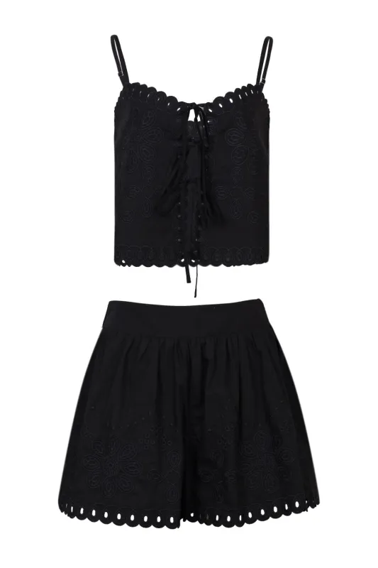 Scallop Embroidered Cai and Shorts Set Black made by MABLE