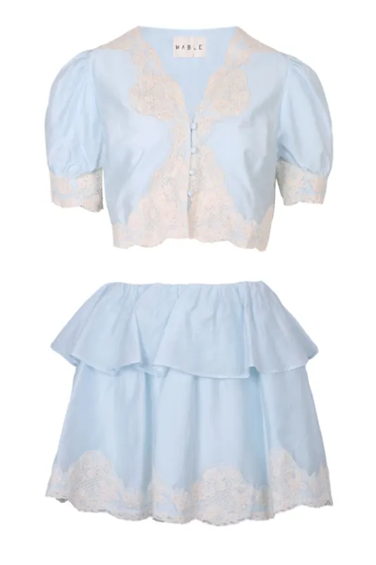Scalloped Lace Trim Top and Shorts Set Blue made by MABLE