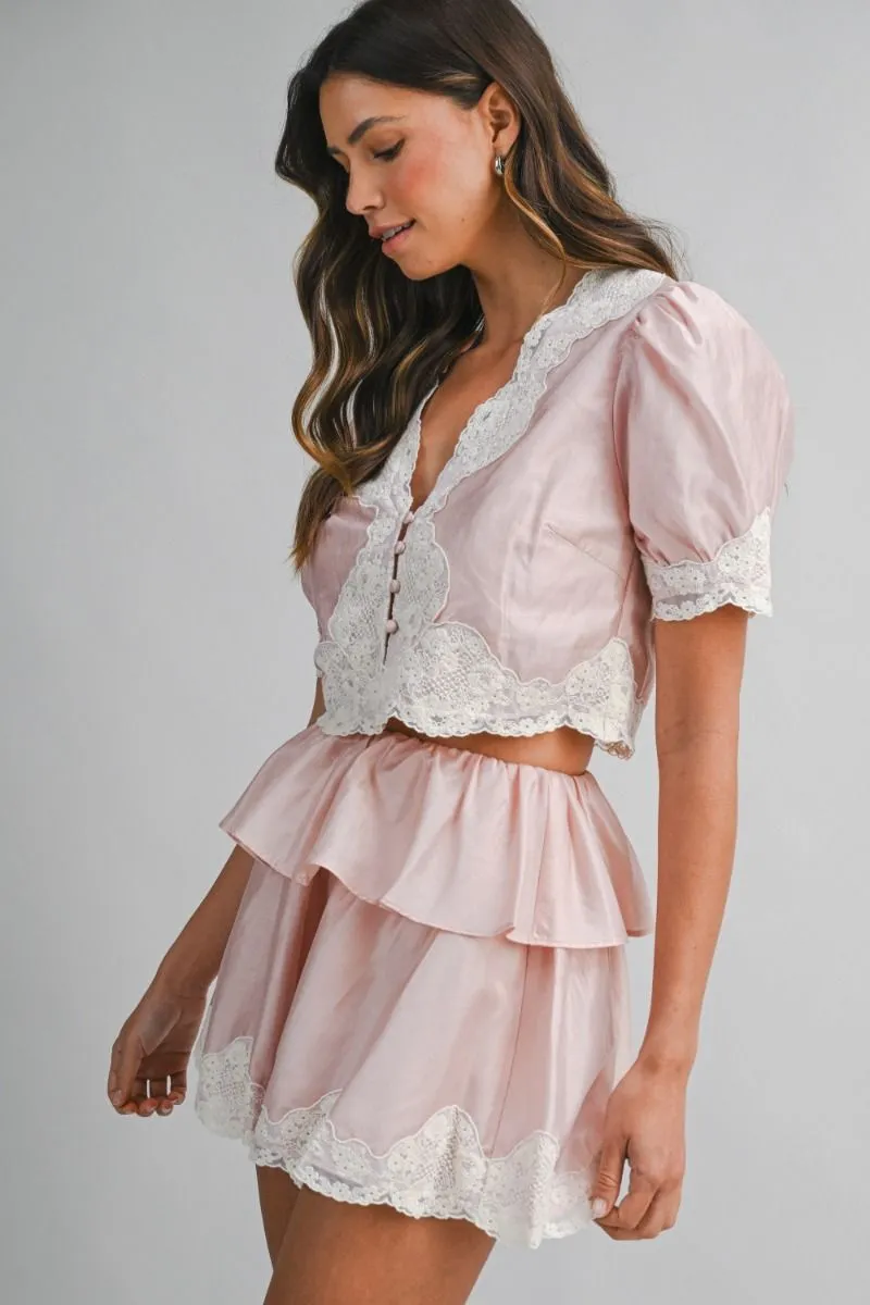 Scalloped Lace Trim Top and Shorts Set Pink sold by Sand Dollar product image thumbnail 3