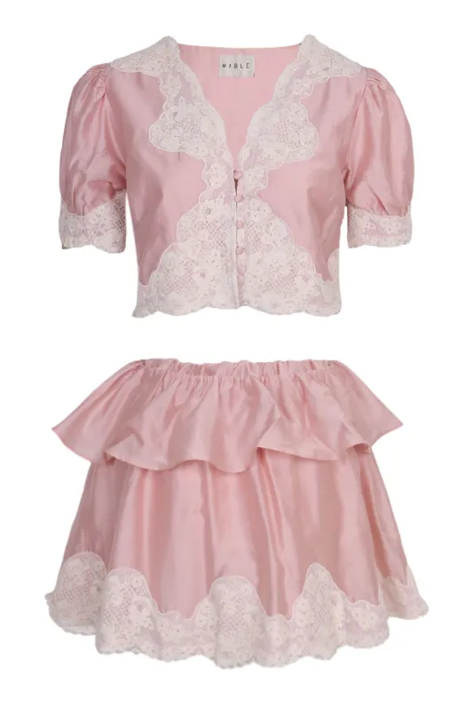 Scalloped Lace Trim Top and Shorts Set Pink made by MABLE