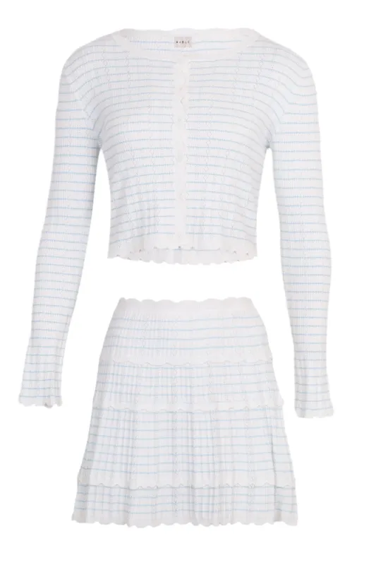 Stripe Pointelle Cardigan and Mini Skirt Set Blue made by MABLE