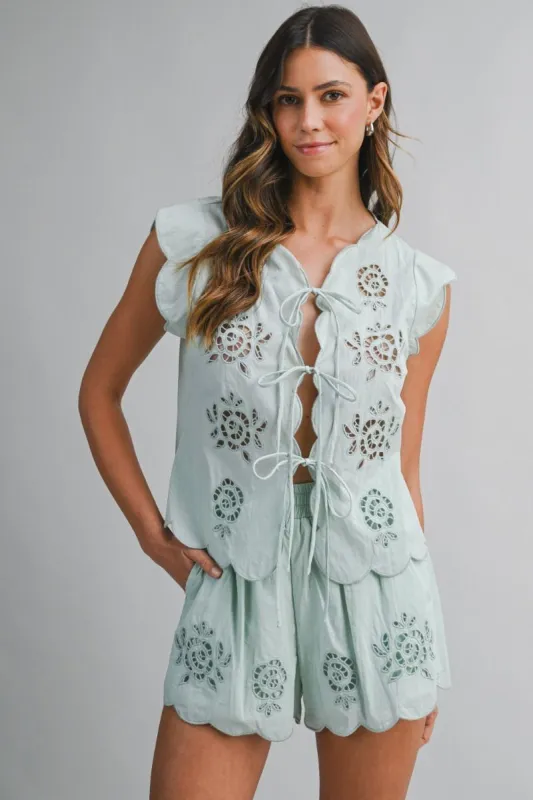 Embroidery Sleeveless Top and Shorts Set Mint made by MABLE