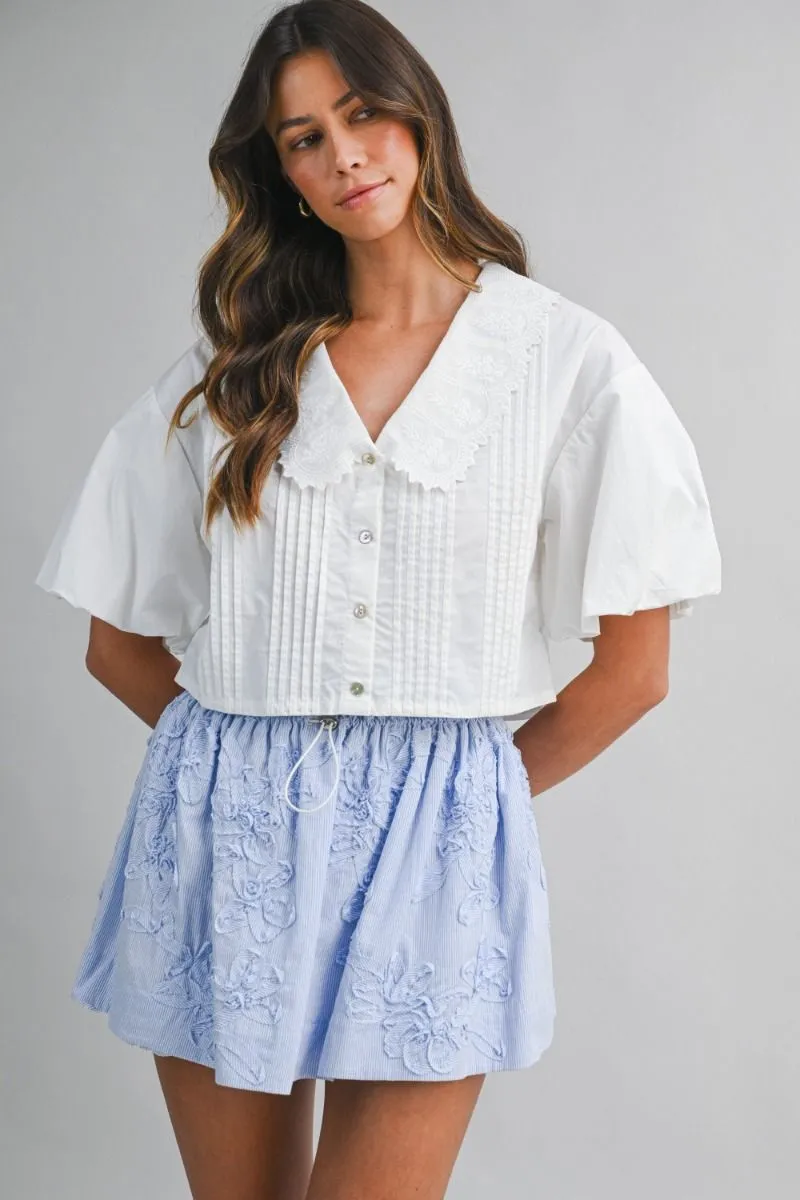 Embroidered Collar Sleeve Pintuck Blouse Off White sold by Sand Dollar