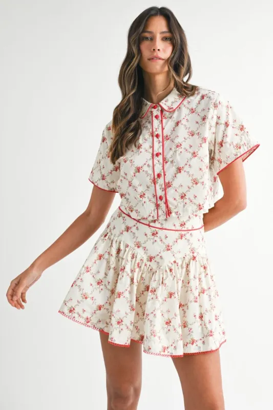 Dafne Short Sleeve Shirt and Skirt Set Red made by MABLE