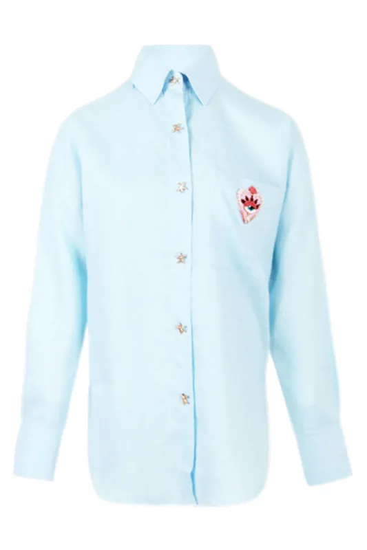 Linen Shirt With Heart Eye Light Blue made by New Balance