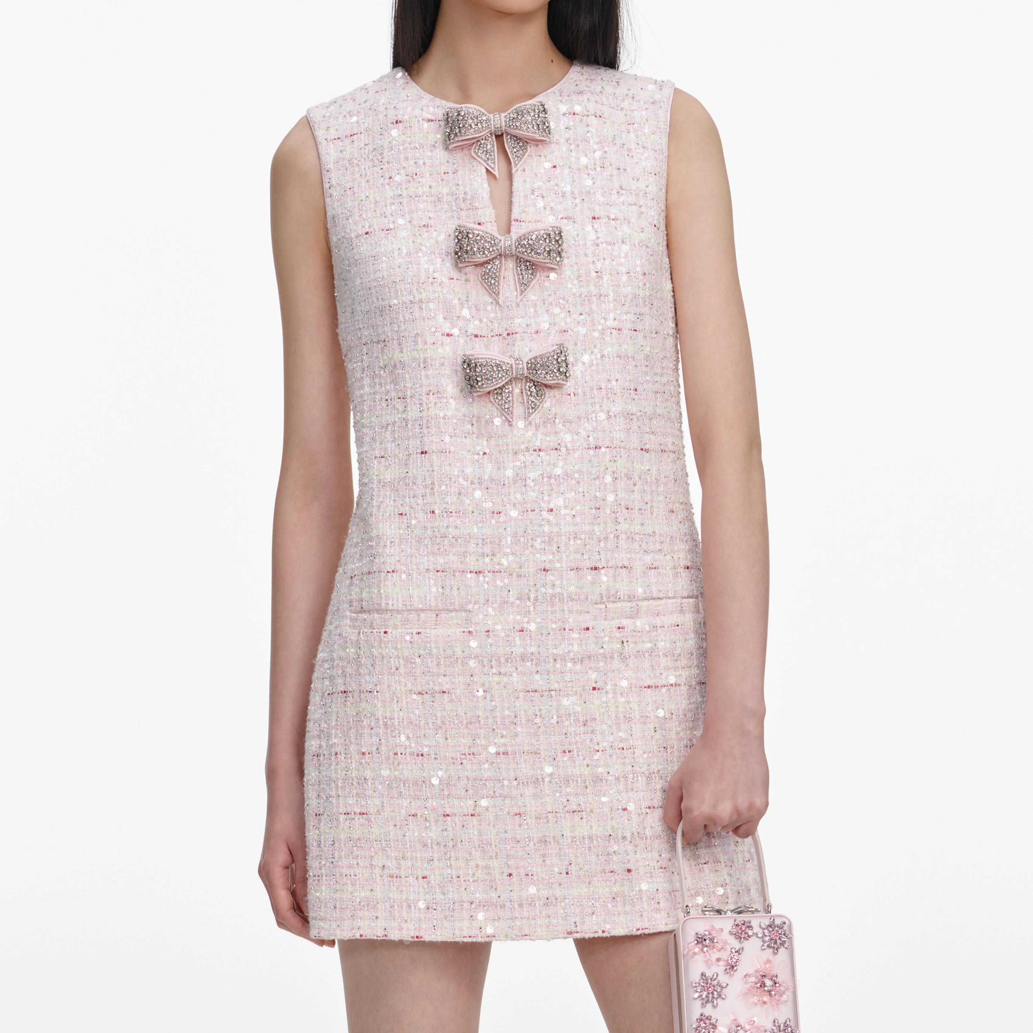 Pink Sequin Boucle Bow Mini Dress sold by Sand Dollar product image thumbnail 3