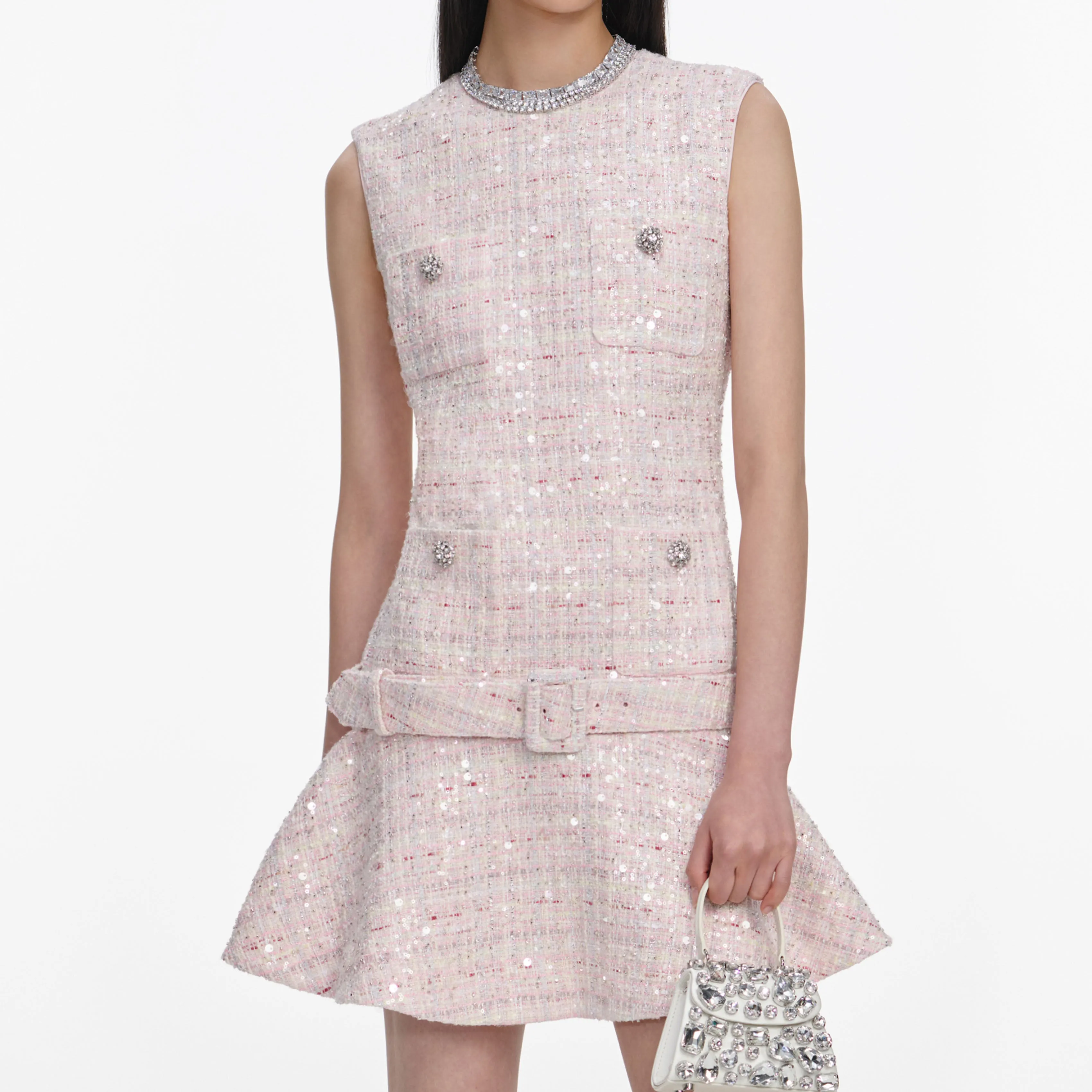 Pink Sequin Boucle Belted Mini Dress sold by Sand Dollar product image thumbnail 3