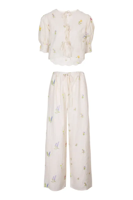 Floral Embroidered Top and Pants Set Cream made by MABLE