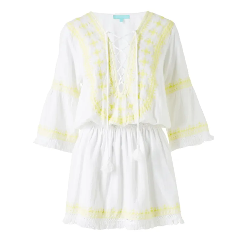 Embroidered Short Dress in White/Yellow - Martina made by Melissa Odabash