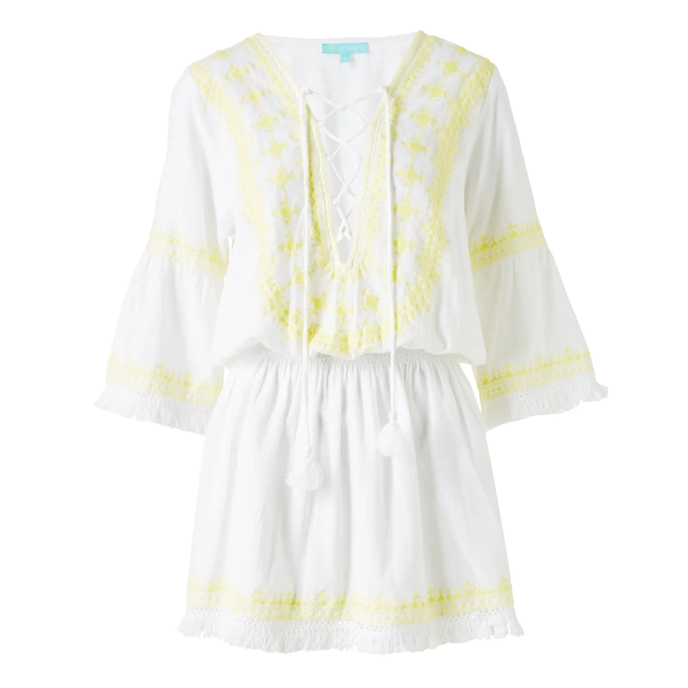 Embroidered Short Dress in White/Yellow - Martina sold by Sand Dollar