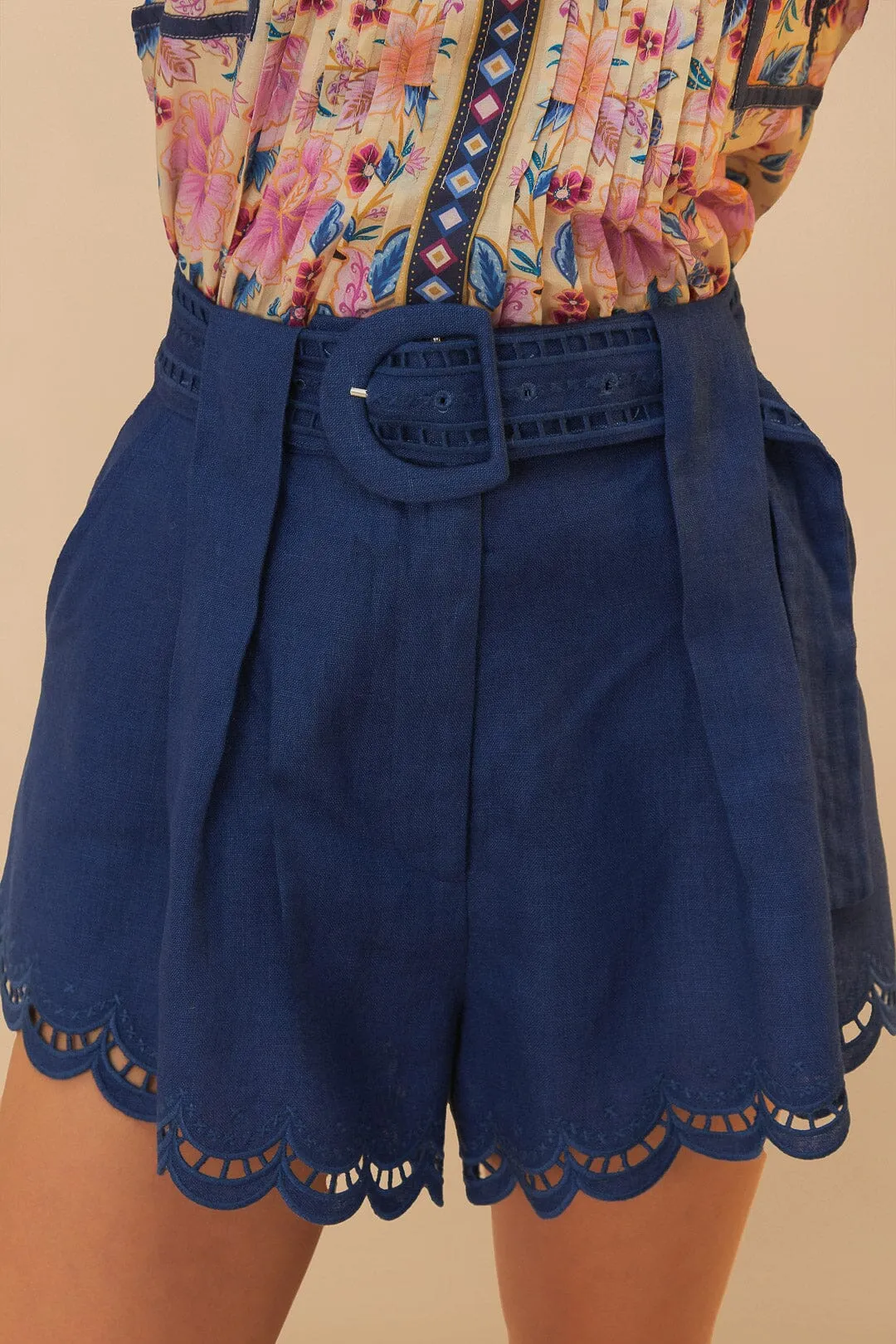 Navy Blue Richelieu Belted Linen Shorts sold by Sand Dollar product image thumbnail 2