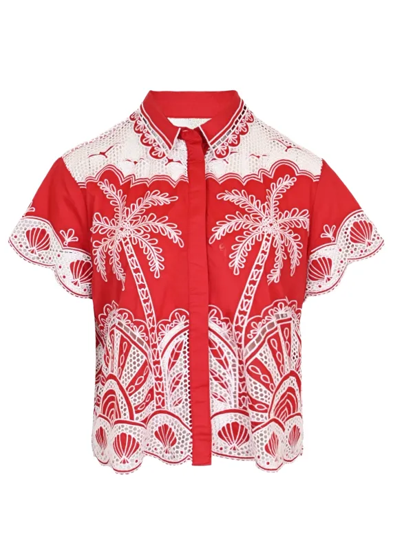 Red Palm Trees Embroidered Shirt sold by Sand Dollar