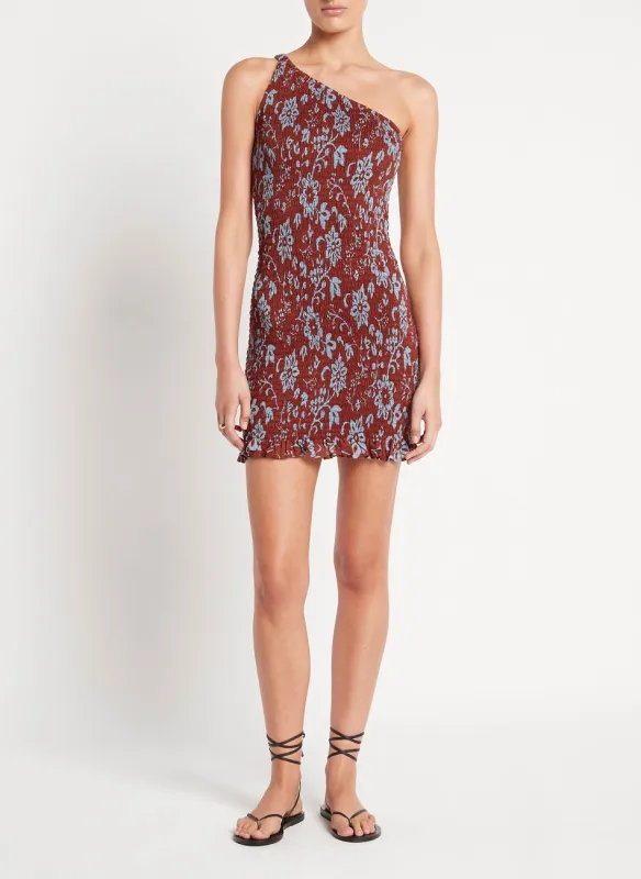 One Shoulder Mini Dress with Brown/Blue Floral Print sold by Sand Dollar
