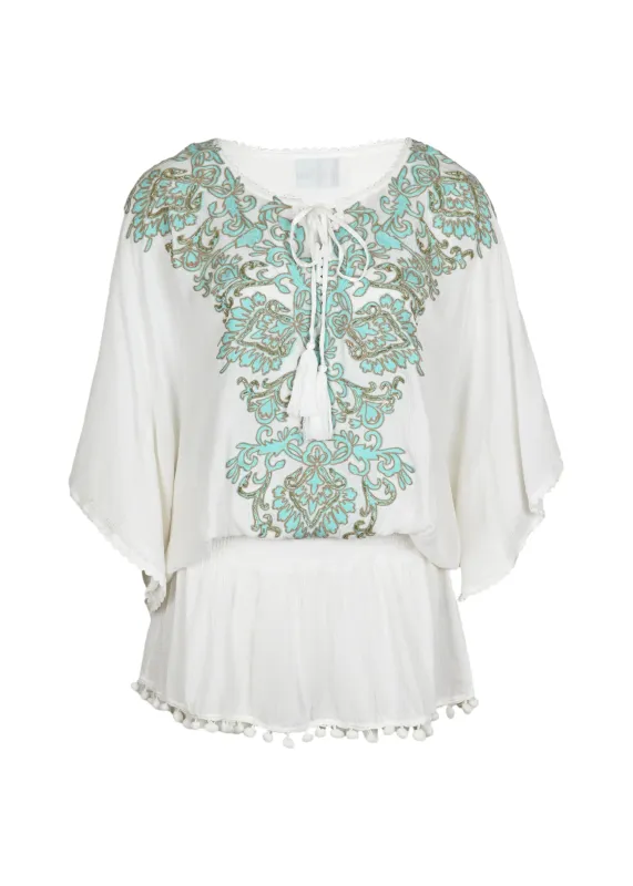 Natalya Short Dress Ecru Aqua made by Sand Dollar