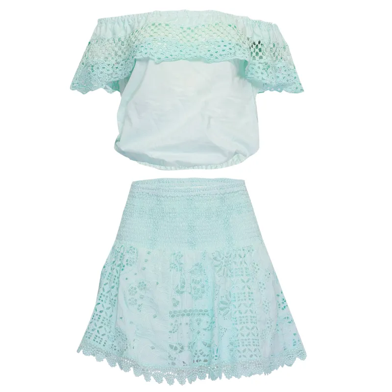 Off Shoulder Top/Skirt Set in Aqua made by Sand Dollar
