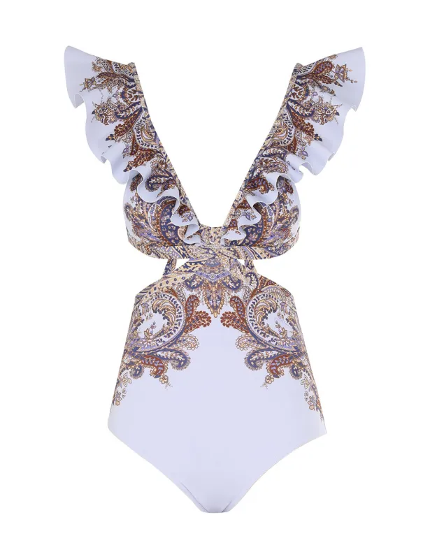 Ottie Ruffle One Piece Purple Paisley sold by Sand Dollar