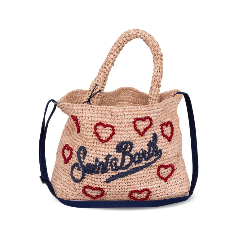 Raffia Beach Bag Red Pearl Heart & Blue Logo made by MC2 Saint Barth