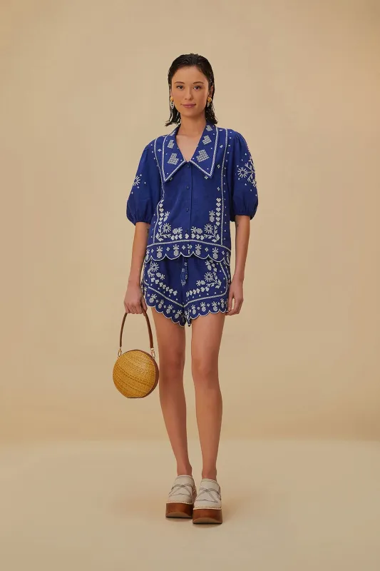 Navy Blue Embroidered Shorts made by Sand Dollar