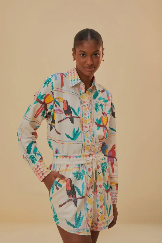 Stitched Birds Scarf Off White Short made by FARM Rio