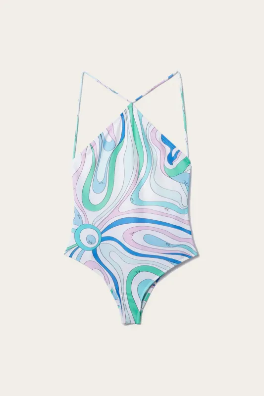 Celeste/Blanco One Piece Swimsuit Marmo Print made by Emilio Pucci