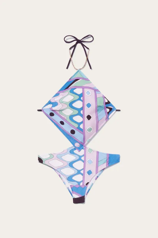 Celeste/Blanco One Piece Swimsuit Vivara Print made by Emilio Pucci