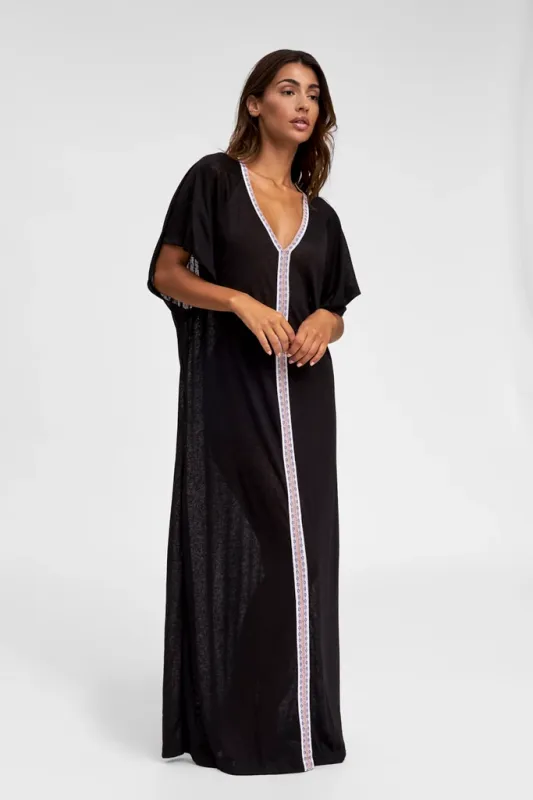 Beach Kaftan - Inca Abaya Black With White Trim sold by Sand Dollar