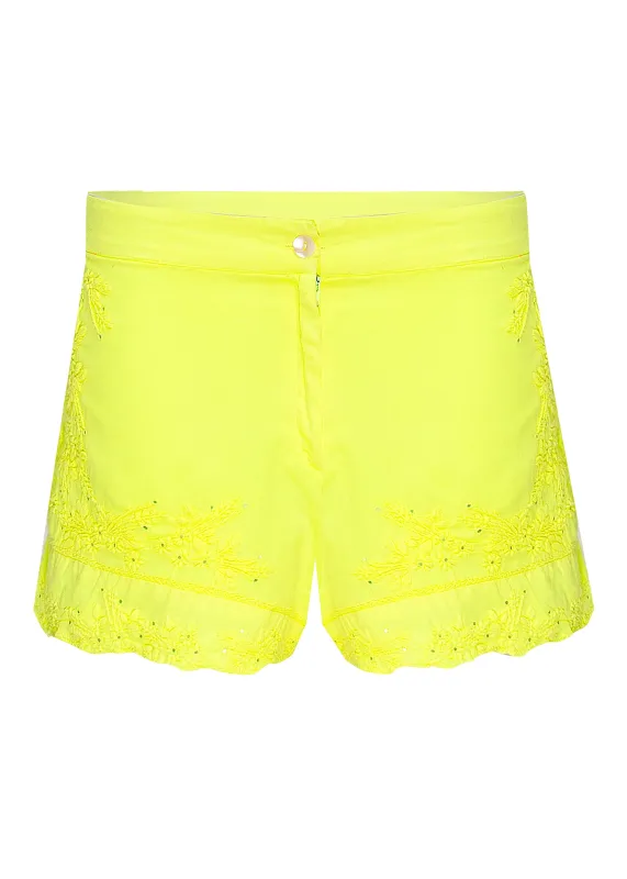 High Waisted Shorts With Lotus Embroidery-Lined Aqua/Neon Yellow sold by Sand Dollar