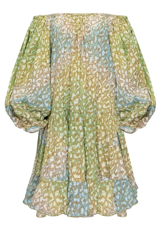 Tie Dye Boho Layer Dress With Snow Leopard Print Green Lime/Turq made by Sand Dollar