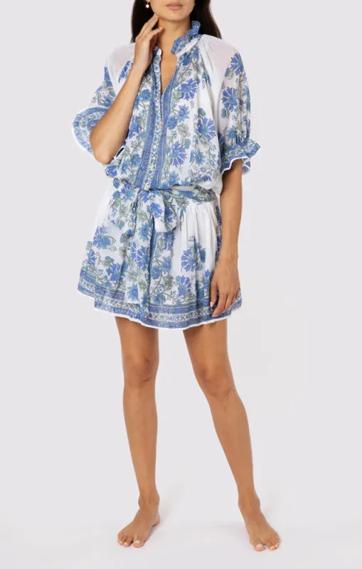 Blouson Dress In Rose Border Block Print With Slip White/Klein Blue made by Sand Dollar