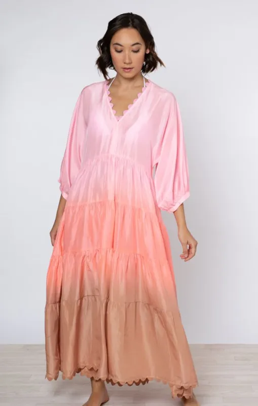 Ombre Dyed V-Neck Loose Maxi Dress With Ric Rac Trim Coral made by Sand Dollar