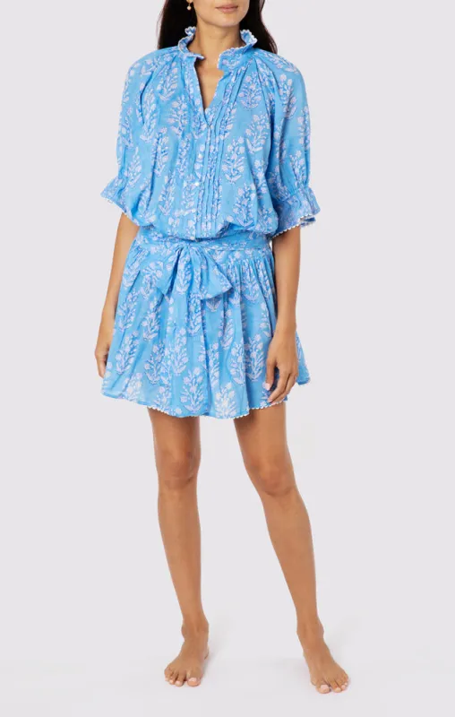 Blouson Dress: Flower Block Print in Dual Blue Tones made by Sand Dollar