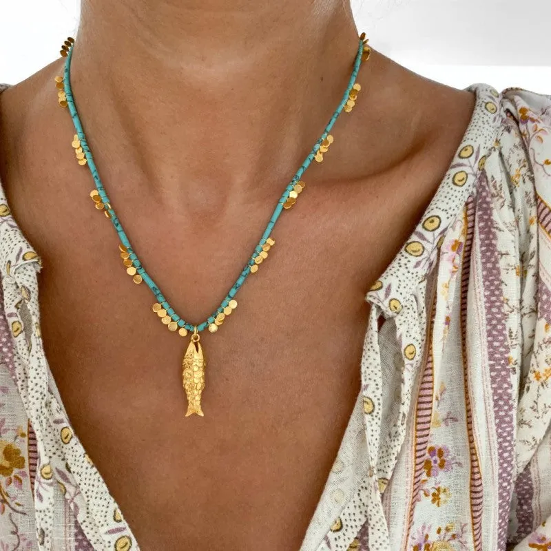 Gioia Gold Fish Small Turquoise Necklace made by Sand Dollar