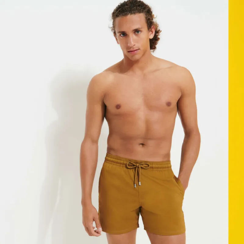 Men Stretch Short Swim Shorts Solid Dark Beige made by Vilebrequin