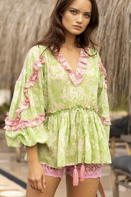 Women's Bohemian Tunic Blouse - Blouse Tavola Green made by Sand Dollar