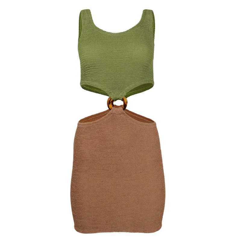 Pretty Women Cut Out Dress With Tortoiseshell Hoop Metallic Moss sold by Sand Dollar