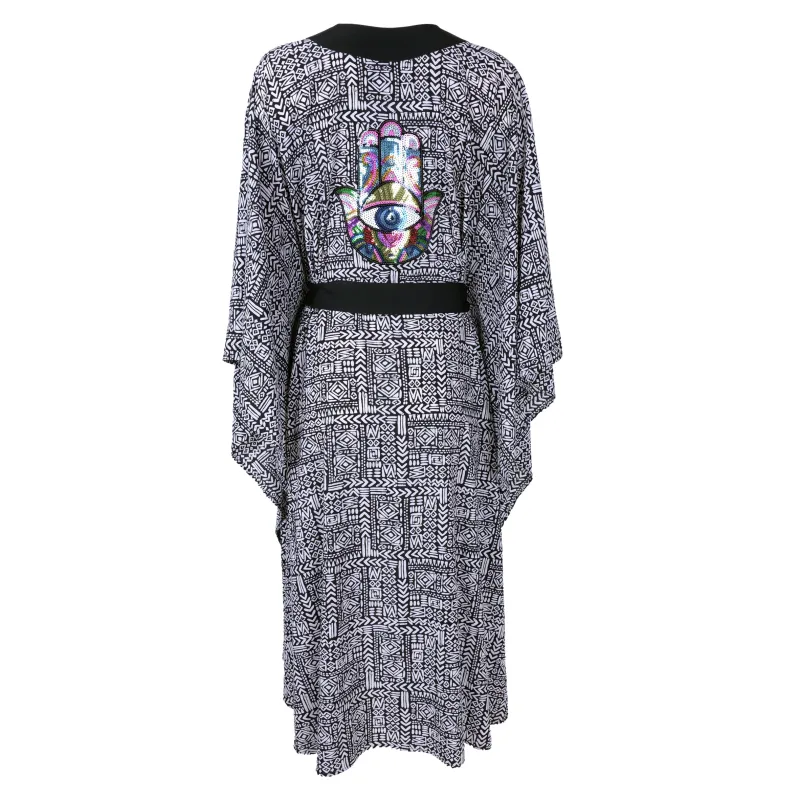 Tribal Black Mayan Long Kimono Hamsa sold by Sand Dollar
