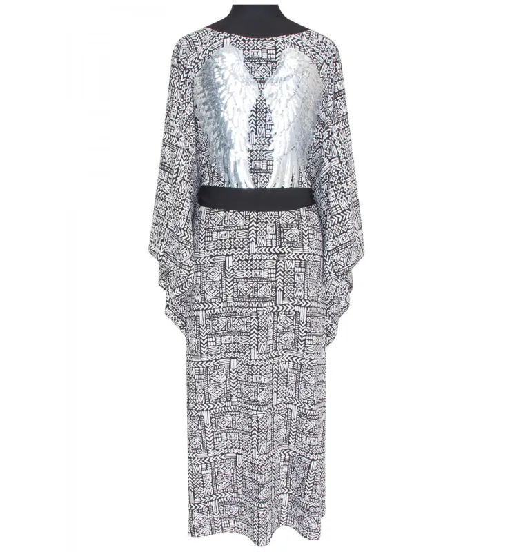 Tribal Black Mayan Long Kimono Silver Wings sold by Sand Dollar