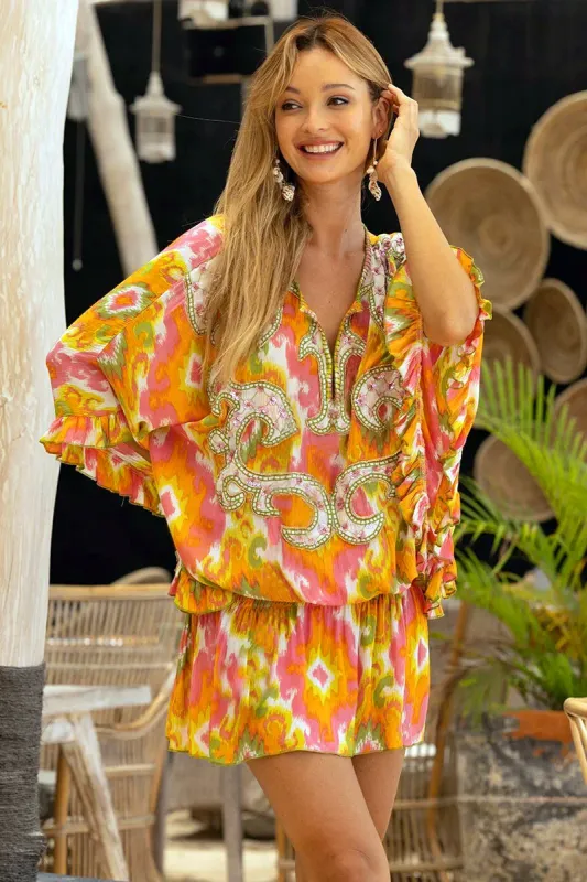 Printed Mini Dress in Pink/Orange made by Sand Dollar