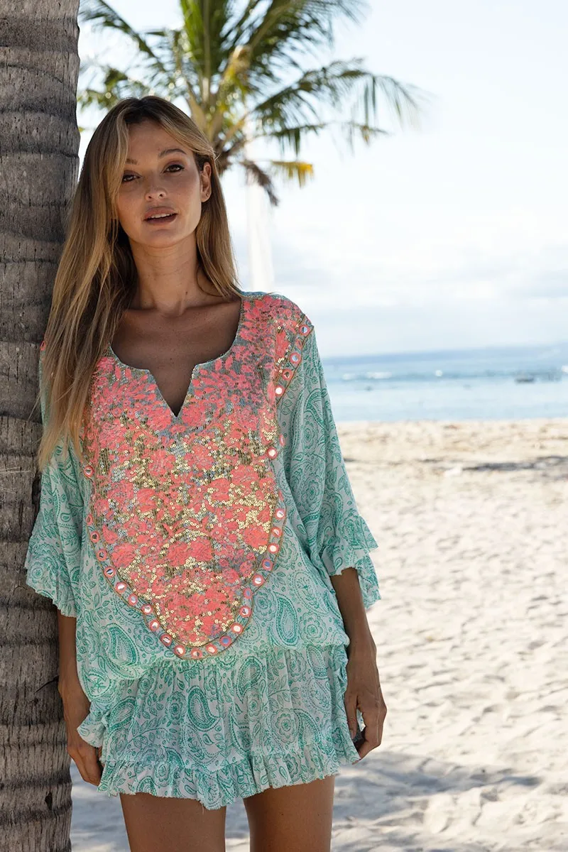 Kaftan Mini Dress in Aqua/Pink sold by Sand Dollar product image thumbnail 2