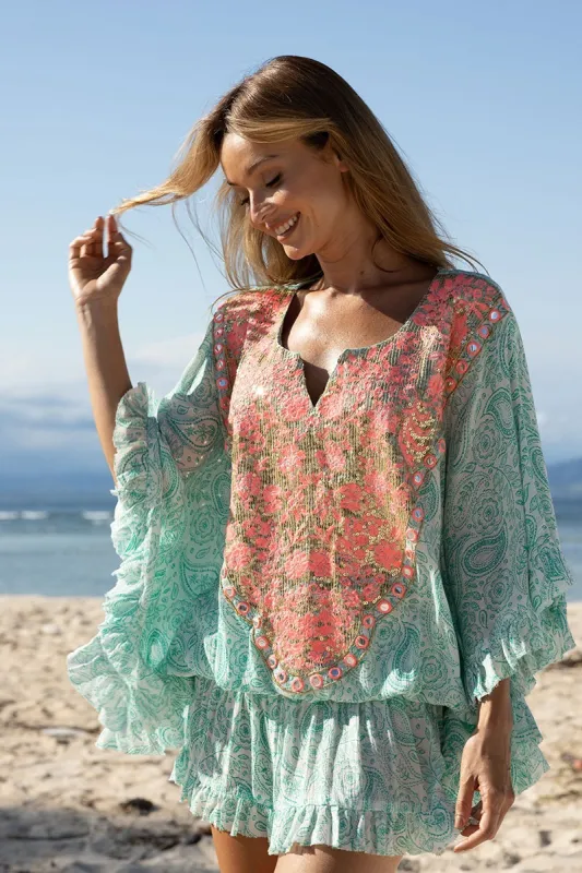Kaftan Mini Dress in Aqua/Pink made by Sand Dollar