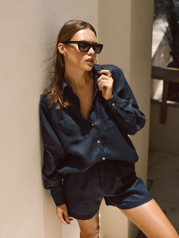 Navy Blue Linen Shorts sold by Sand Dollar product image thumbnail 2