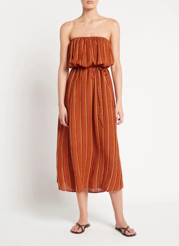Strapless Midi Dress in Orange/Brown Stripes made by Faithfull the Brand