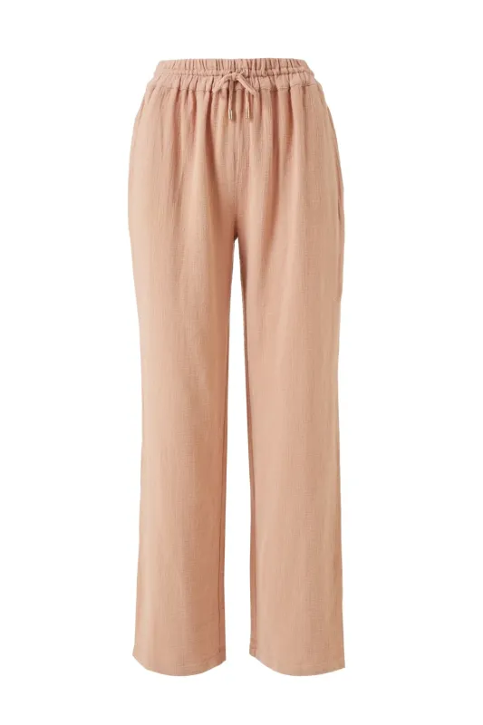Womens Straight Leg Trousers Tan - Krissy Drawstring Trousers sold by Sand Dollar