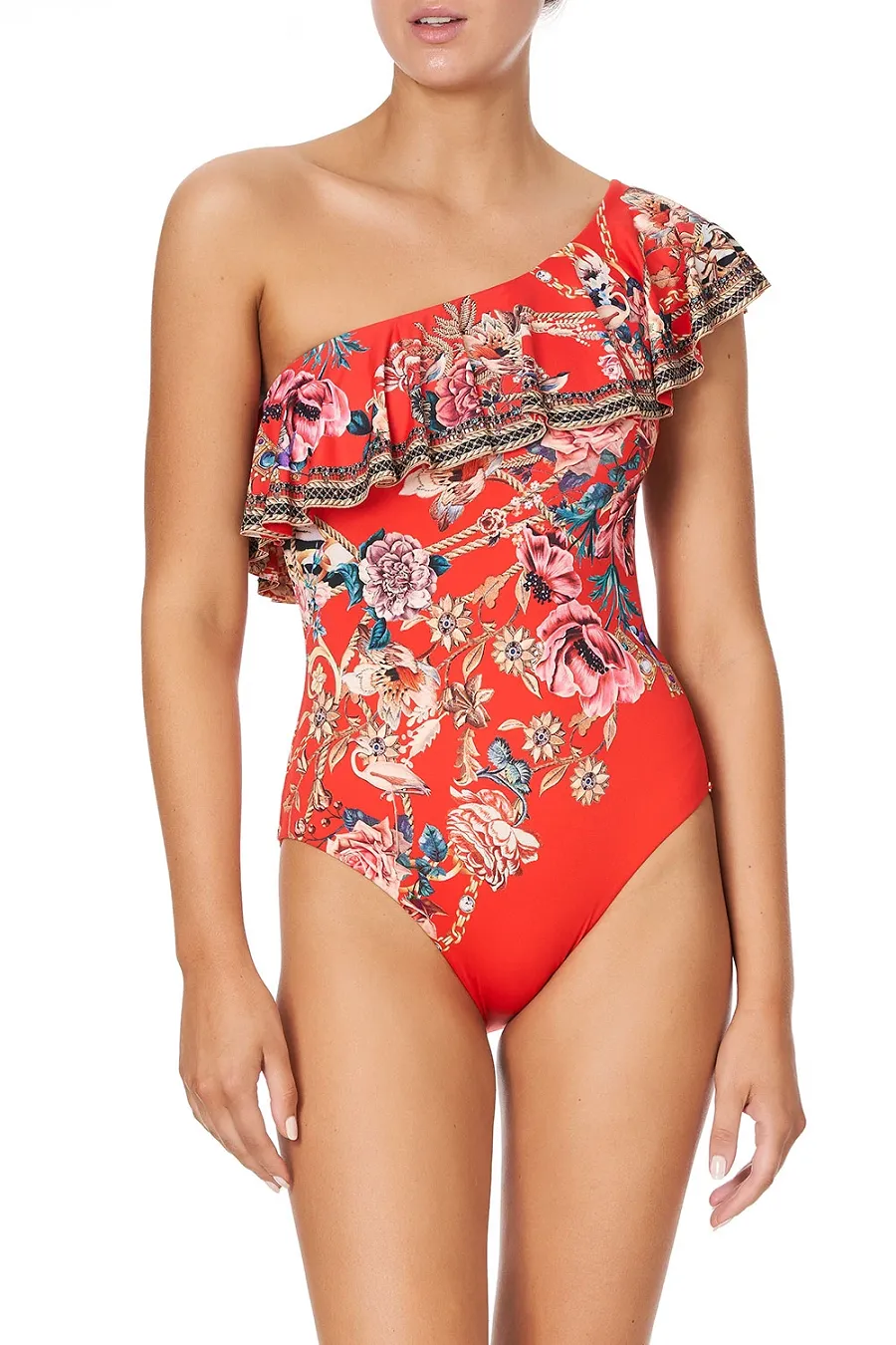 Red One Shoulder Swimsuit in Floral Print sold by Sand Dollar