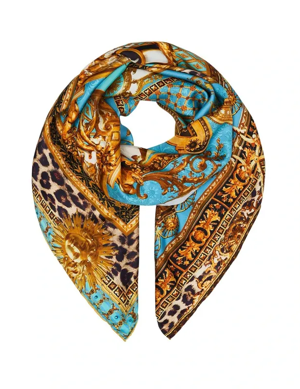 Camilla Printed Silk Scarf in Blue/Gold sold by Sand Dollar