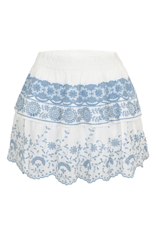Tiered Ruffle Mini Skirt in White/Blue made by LoveShackFancy