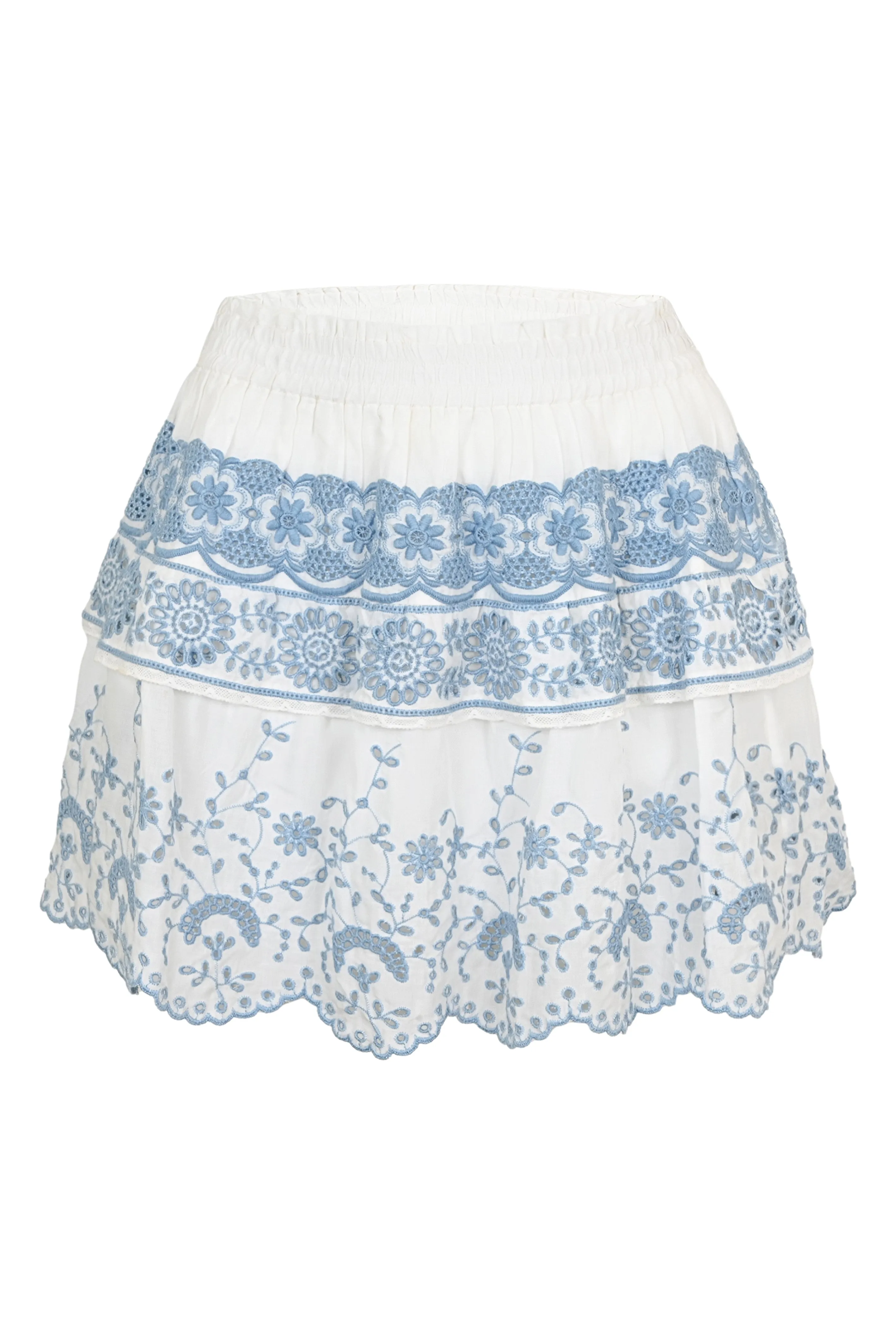 Tiered Ruffle Mini Skirt in White/Blue sold by Sand Dollar