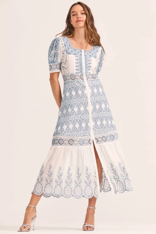 Puff Sleeve Midi Dress in White/Blue sold by Sand Dollar